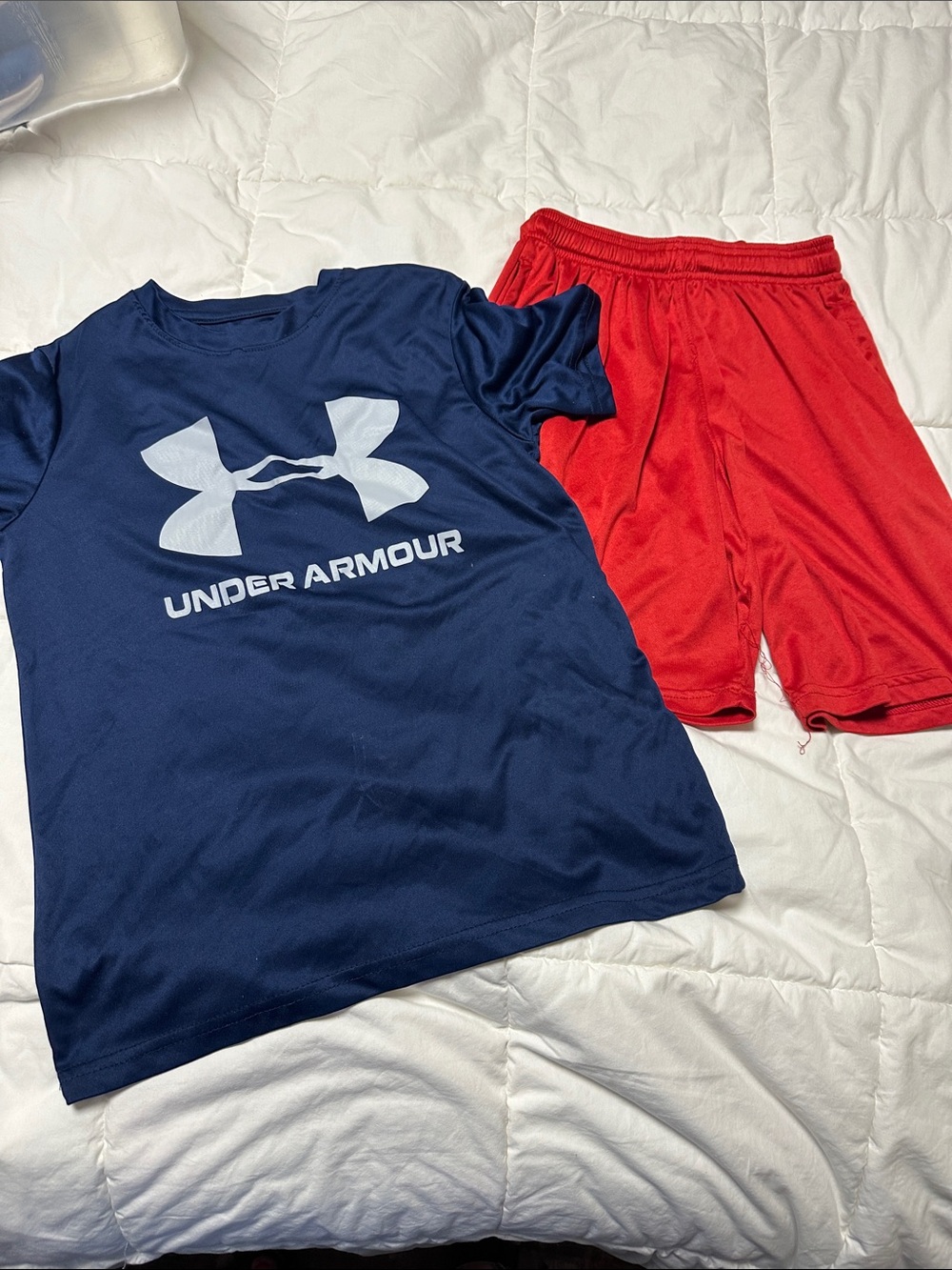 Under Armour Navy Tee with Red Athletic Shorts